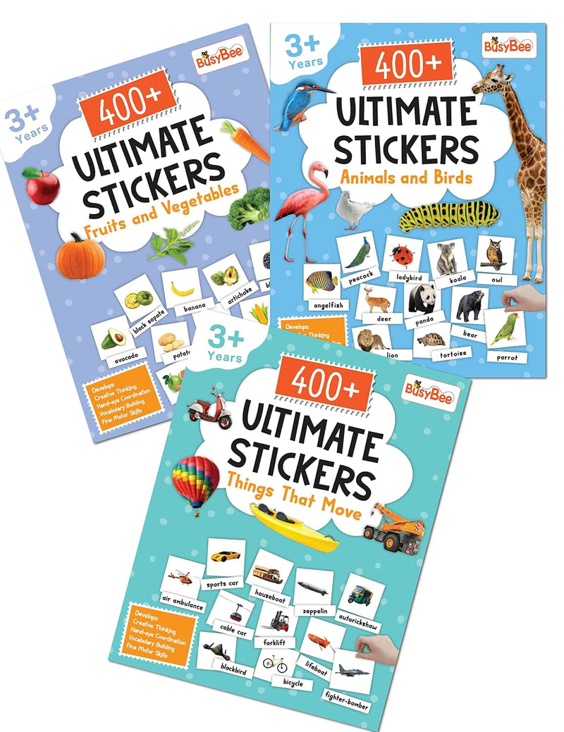 1200+ Ultimate Stickers Books (Set of 3) - Fruits and Vegetables, Animal and Birds, Things That Move for 3+ Years Kids