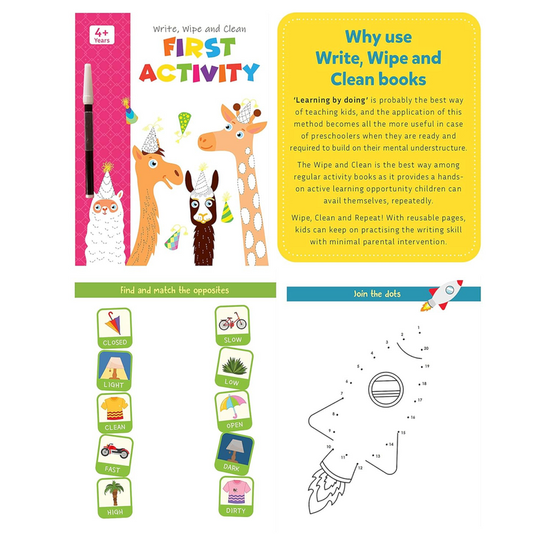 Set of 4 My First Wipe & Clean Activity Books including Activity, Drawing, Puzzle and Dot to Dot with Free Pens