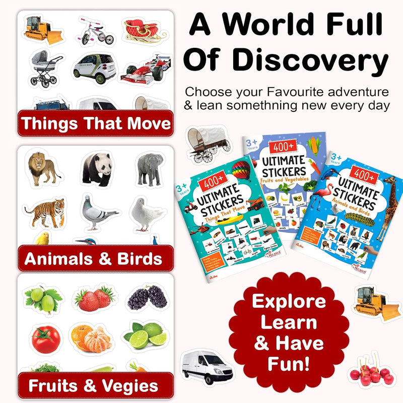 1200+ Ultimate Stickers Books (Set of 3) - Fruits and Vegetables, Animal and Birds, Things That Move for 3+ Years Kids