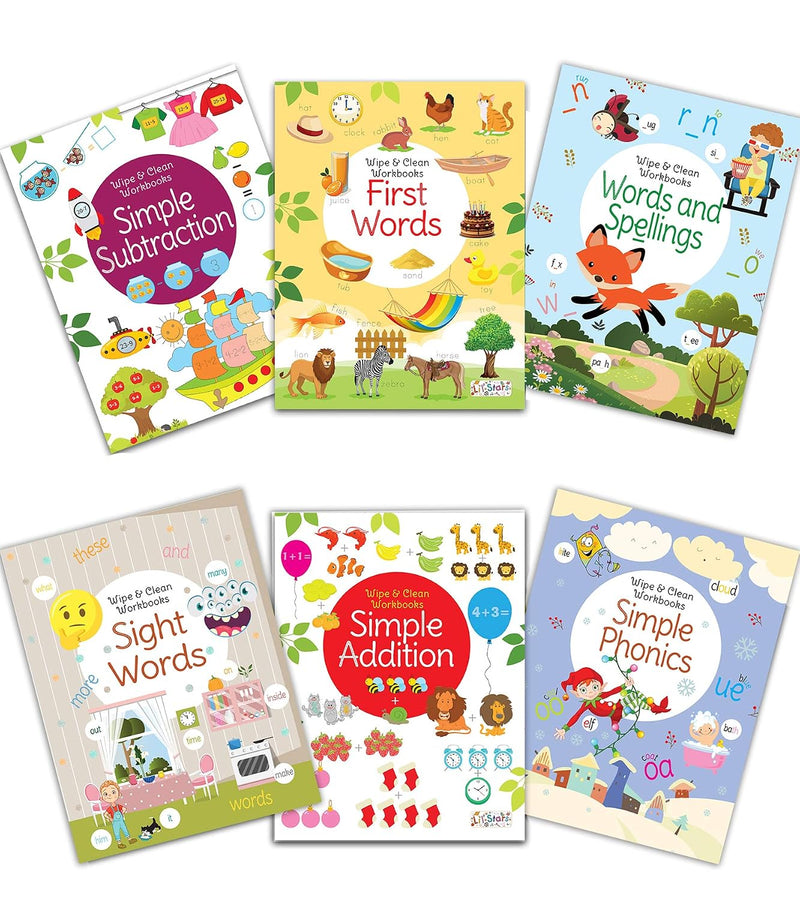 Set of 6 Reusable Washable Wipe & Clean Books with Free Pens (Simple Addition, Phonics, Sight Words, Spellings, Simple Subtraction and First Words) | Age 2+ Years