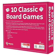 10 in 1 Classic Games set featuring a colorful game board, chess pieces, pawns, dice, and an instruction manual