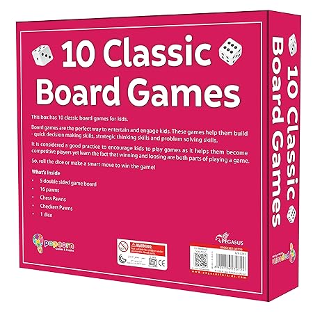10 in 1 Classic Games set featuring a colorful game board, chess pieces, pawns, dice, and an instruction manual