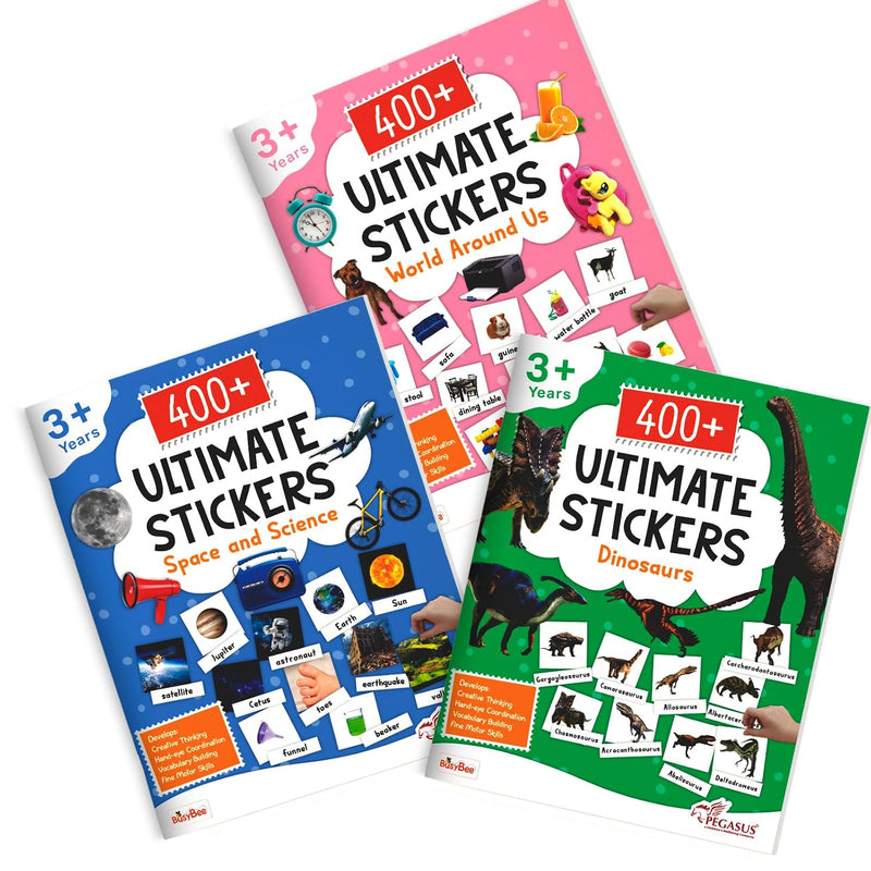 1200+ Ultimate Stickers Books (Set of 3) - Space and Science, Dinosaurs, World Around Us for 3+ Years Kids