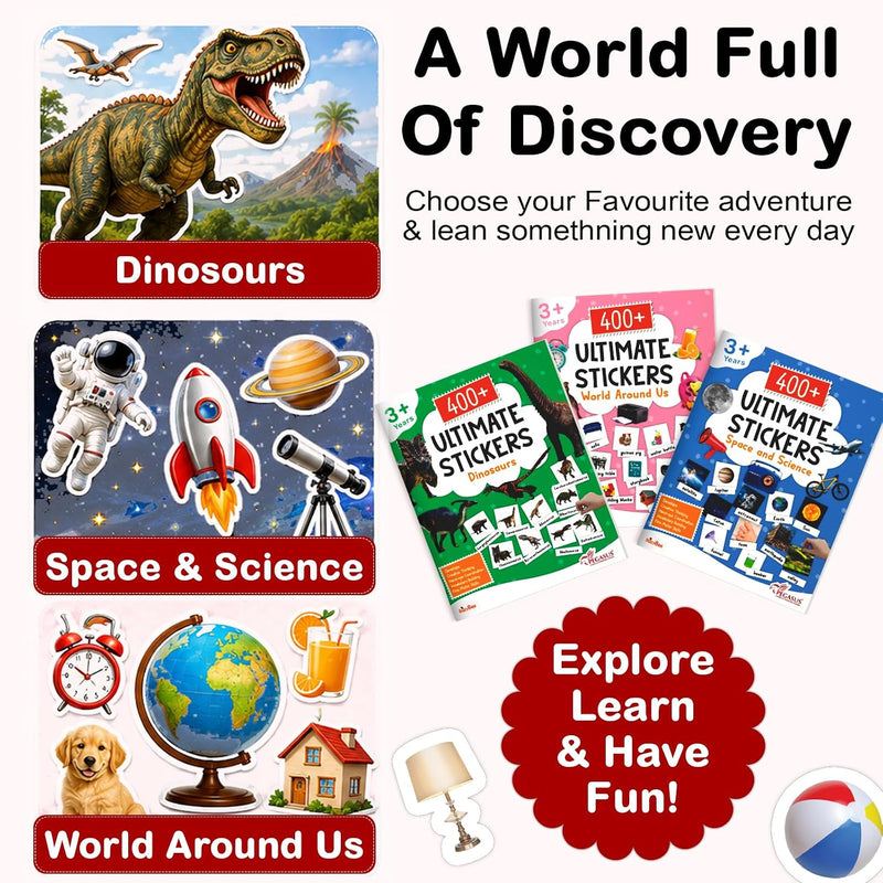 1200+ Ultimate Stickers Books (Set of 3) - Space and Science, Dinosaurs, World Around Us for 3+ Years Kids