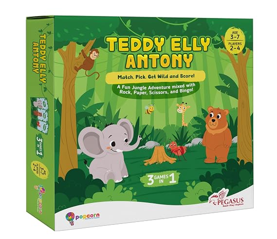 Teddy Elly Antony Jungle Adventure Board Game for Kids | 3 Games in 1 | Educational Game for Ages 3–7 | 2–4 Players