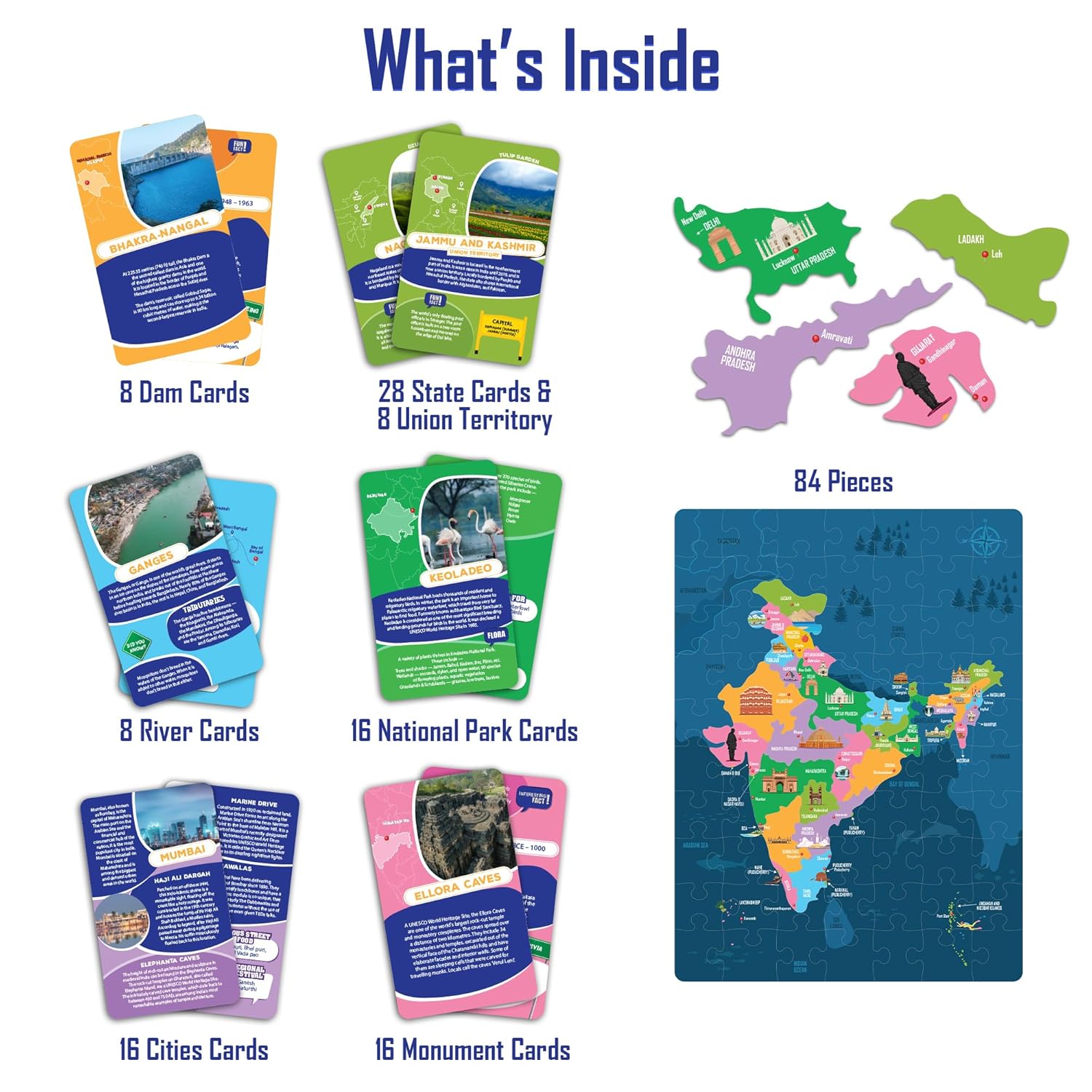 India Map Puzzle & Flash Cards for Kids | 84-Piece Educational Set | Age 6+