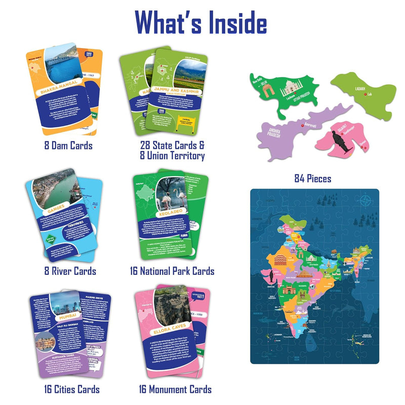 India Map Puzzle & Flash Cards for Kids | 84-Piece Educational Set | Age 6+