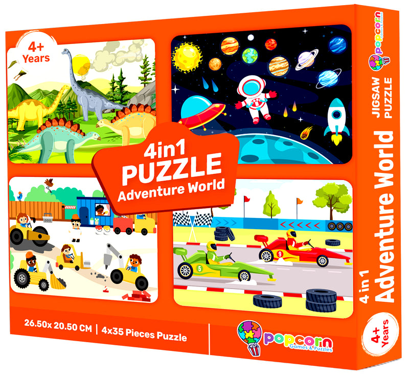 4 in 1 Adventure World Jigsaw Puzzle for Kids Dinosaur, Space, Construction and Racing Theme Brain Development Toy (Age 3+ Years)