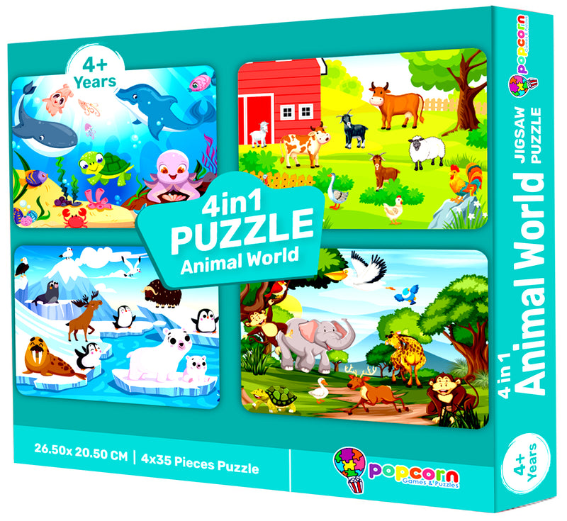 4 in 1 Animal World Jigsaw Puzzle for Kids Farm, Ocean, Polar and Wild Animals Theme Brain Development Toy (Age 3+ Years)