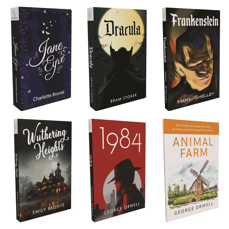Set of 6 Fiction novels - Dracula, Frankenstein, Wuthering Heights, Jane Eyre, 1984, Animal Farm