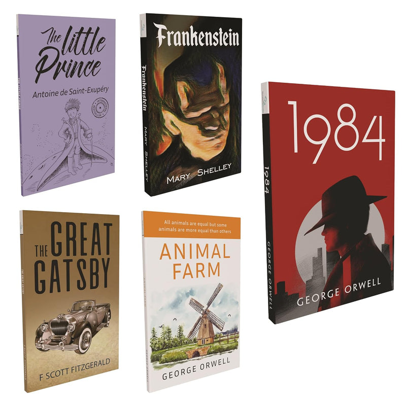 Set of 5 Fiction Books for Adults & Child - The Great Gatsby, The Little Prince, 1984, Animal Farm, Frankenstein | For Young Readers