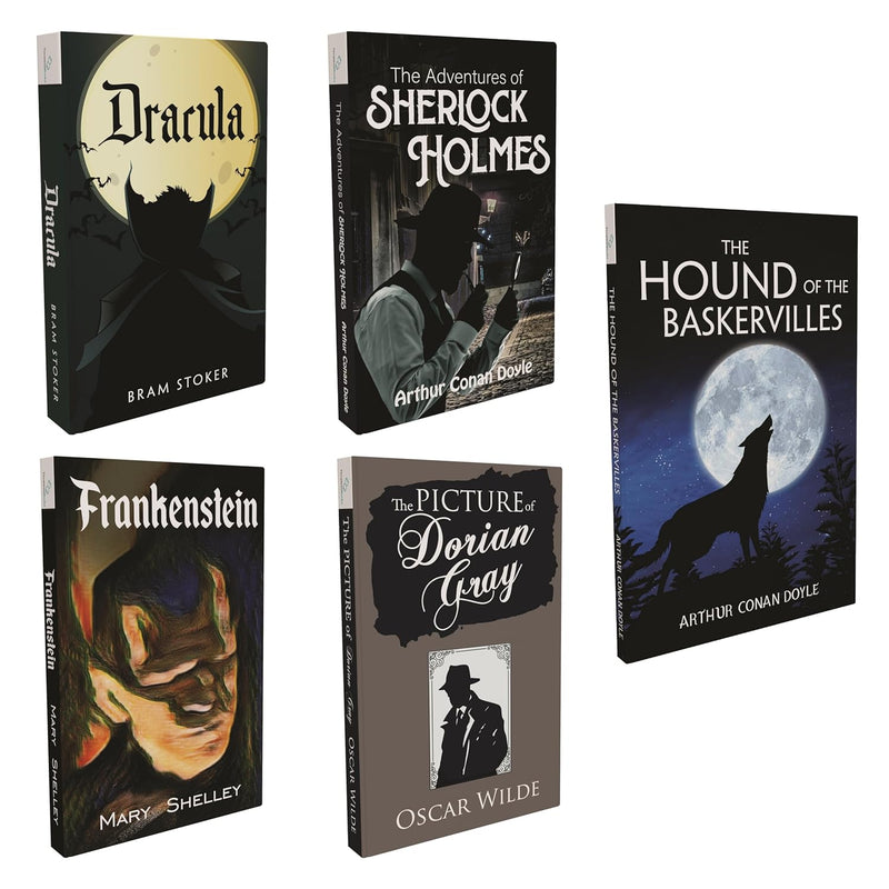Set of 5 Crime Novels for Adults & Child - The Hound of the Baskervilles, Dracula, Frankenstein, The Picture of Dorian Gray, The Adventures of Sherlock