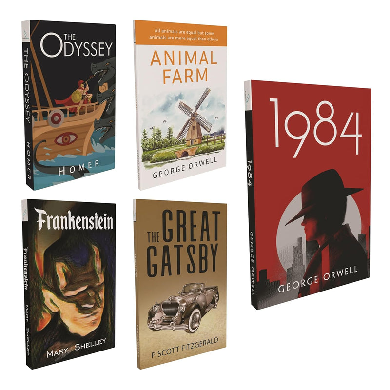 Set of 5 Fiction Books for Adults & Child - The Odyssey, Frankenstein, The Great Gatsby, Animal Farm, 1984