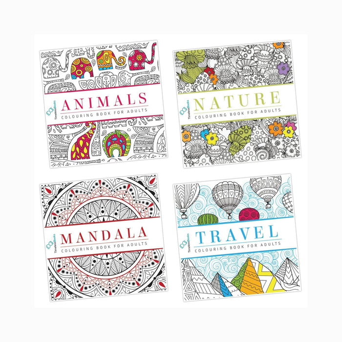 Pack of 4 Colouring Books for Adult with Tear Out Sheet - Animals, Nature, Mandala and Travel