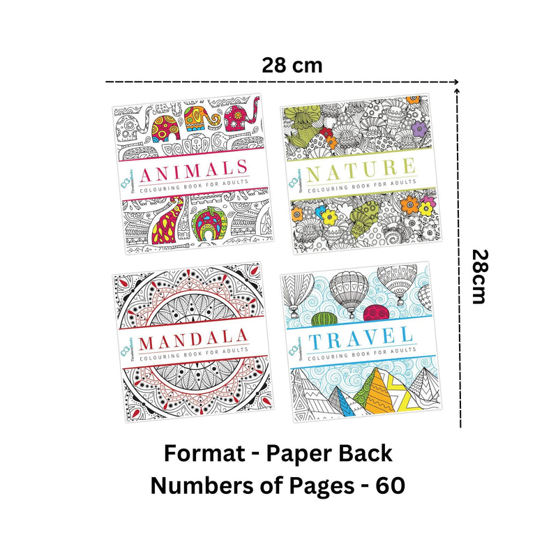 Pack of 4 Colouring Books for Adult with Tear Out Sheet - Animals, Nature, Mandala and Travel