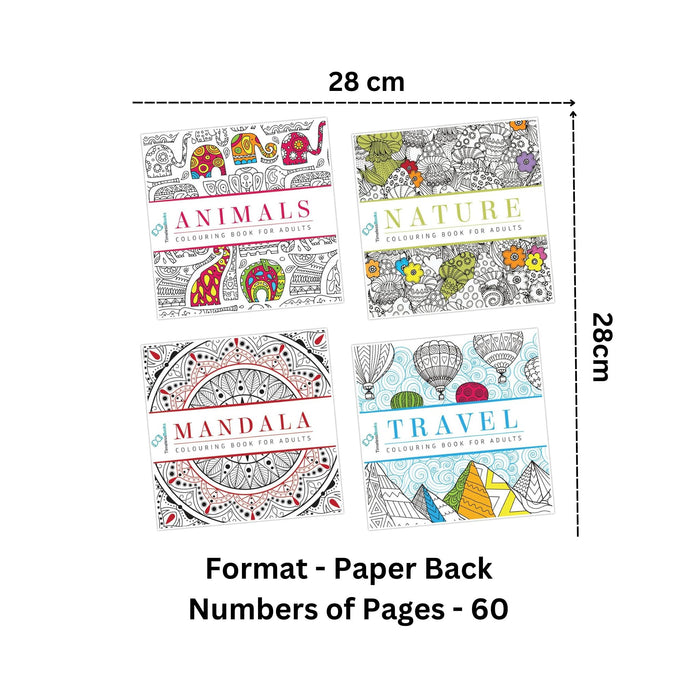 Pack of 4 Colouring Books for Adult with Tear Out Sheet - Animals, Nature, Mandala and Travel