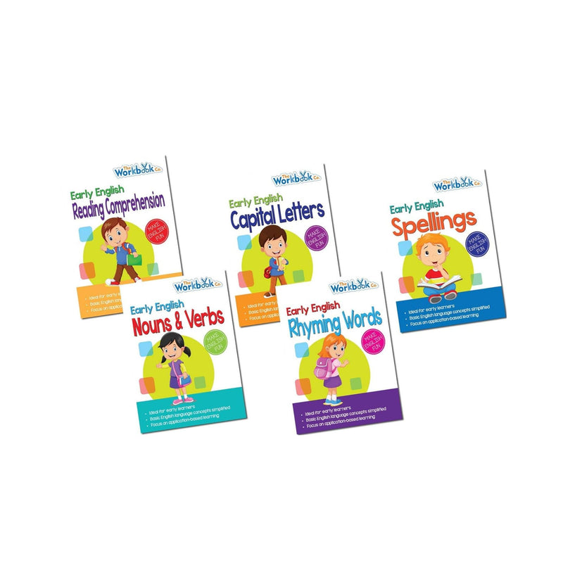 Set of 5 Early English Workbooks - Including Noun & Verbs, Phonics, Reading Comprehension, Rhyming Words and Spellings