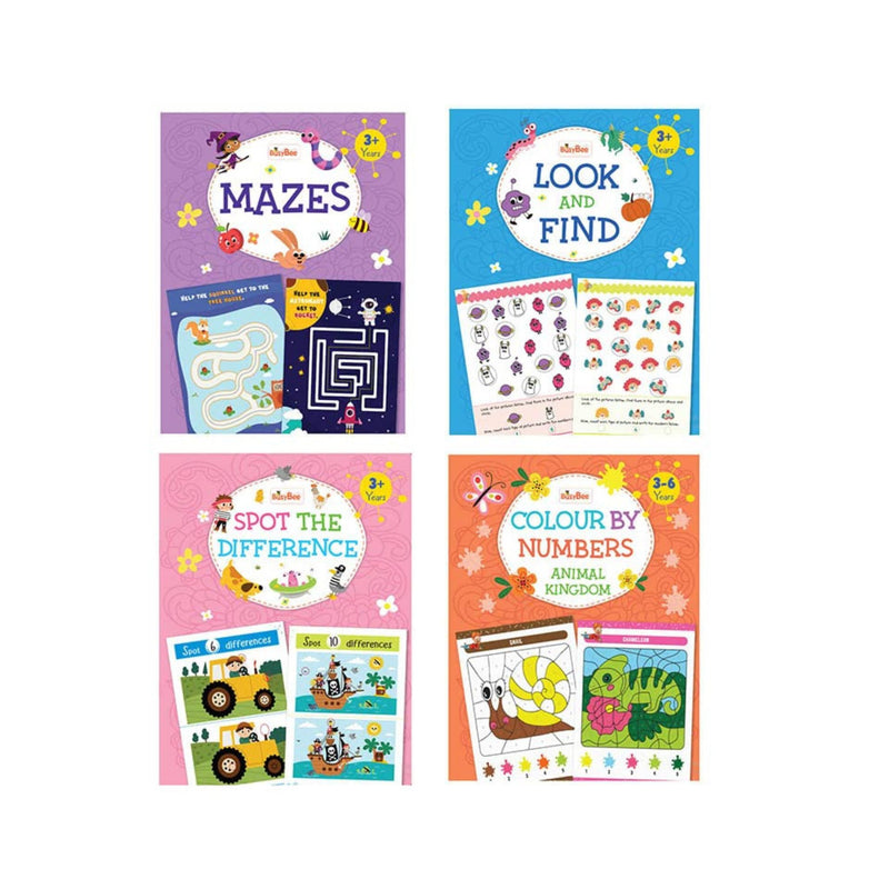 Activity Book Set of 4 – Colour by Numbers, Mazes, Look & Find, Spot the