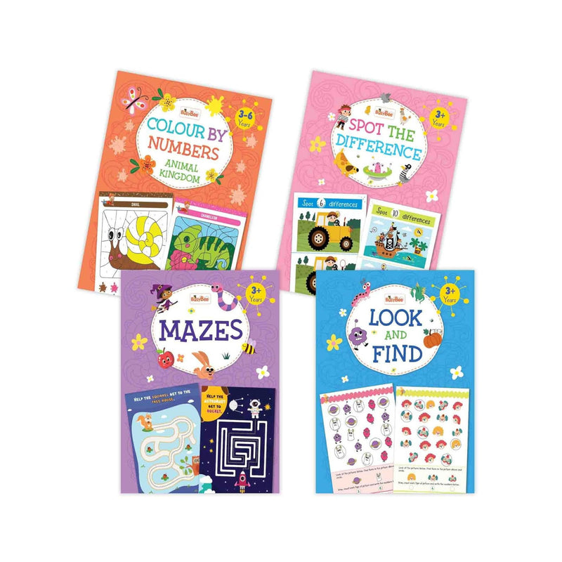 Activity Book Set of 4 – Colour by Numbers, Mazes, Look & Find, Spot the