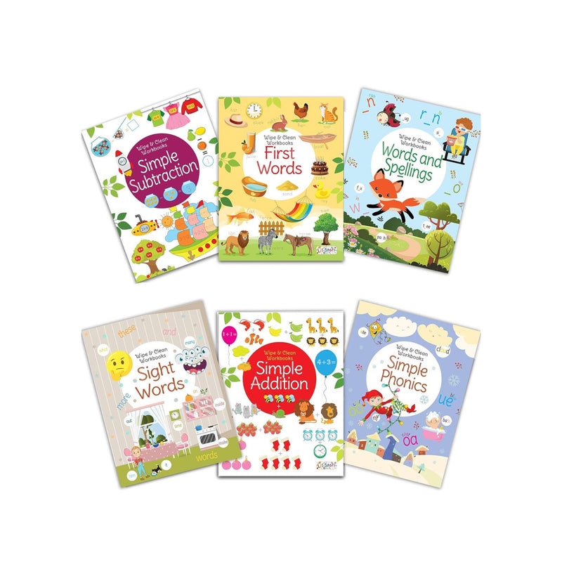 Set of 6 Reusable Washable Wipe & Clean Books with Free Pens (Simple Addition, Phonics, Sight Words, Spellings, Simple Subtraction and First Words)
