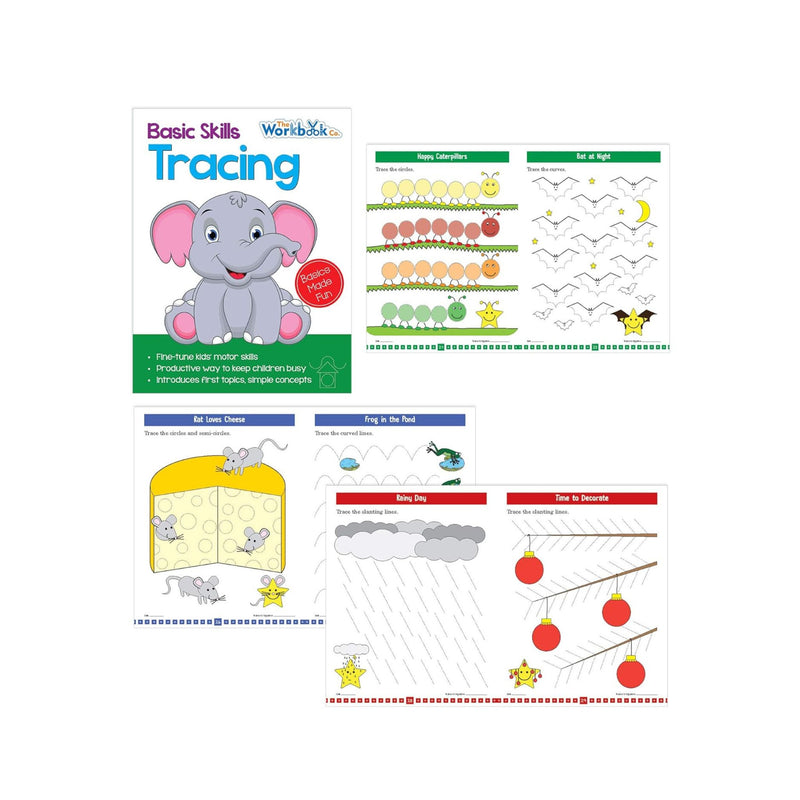 Set of 6 Basic Skills Workbooks for Kids covering Colouring, Cutting, Mazes, Patterns, Sorting and Tracing