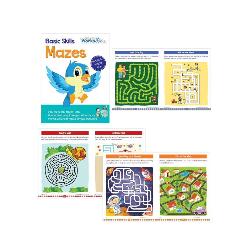 Set of 6 Basic Skills Workbooks for Kids covering Colouring, Cutting, Mazes, Patterns, Sorting and Tracing