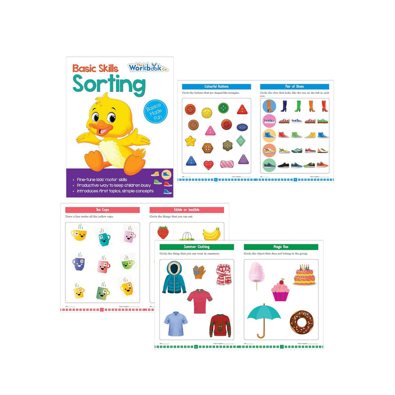 Set of 6 Basic Skills Workbooks for Kids covering Colouring, Cutting, Mazes, Patterns, Sorting and Tracing