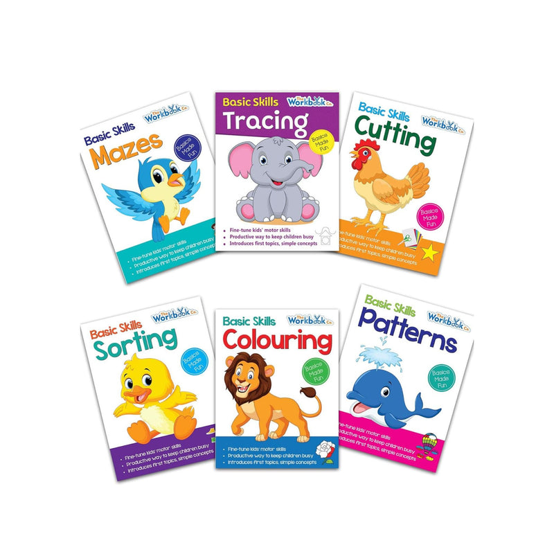 Set of 6 Basic Skills Workbooks for Kids covering Colouring, Cutting, Mazes, Patterns, Sorting and Tracing