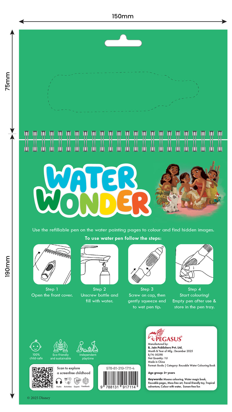 Disney Moana Water Wonder – Reusable Water Colouring Book for Kids | Magic Reveal Pages & Refillable Water Pen (Age 3+ Years)