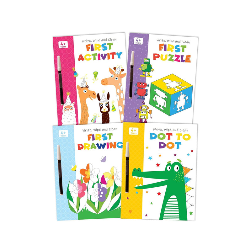Set of 4 My First Wipe & Clean Activity Books including Activity, Drawing, Puzzle and Dot to Dot with Free Pens