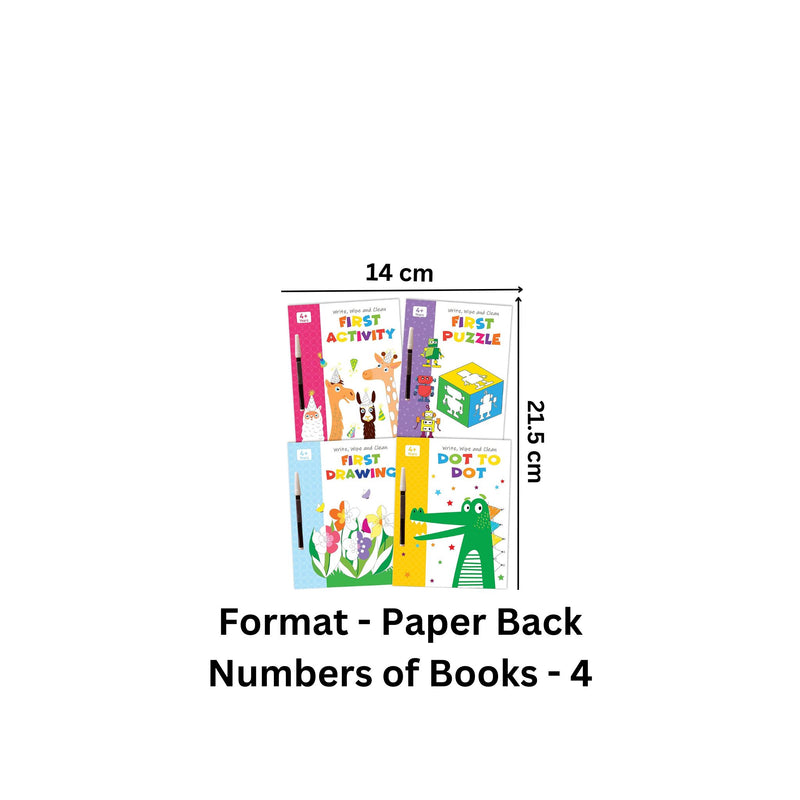 Set of 4 My First Wipe & Clean Activity Books including Activity, Drawing, Puzzle and Dot to Dot with Free Pens