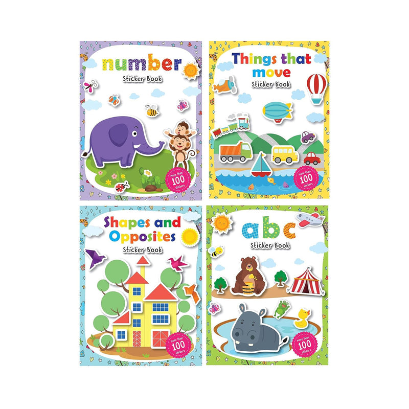Set of 4 Sticker Books for Kids - Number, ABC, Things that Move & Shapes and Opposites