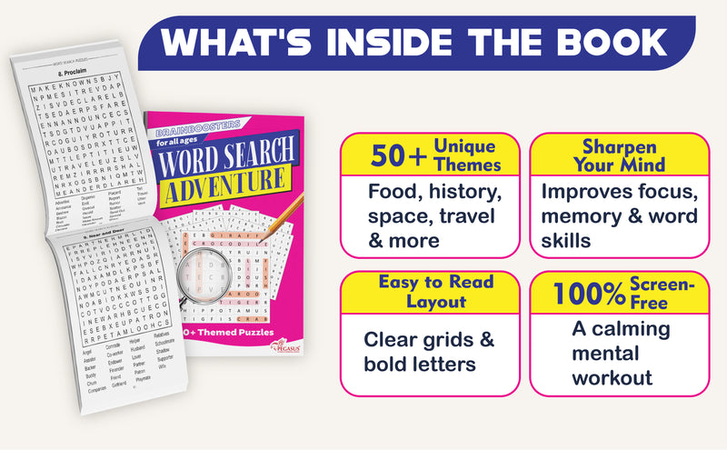 Word Search Adventure – Brain Boosters Puzzle Book for All Ages | 50+ Themed Word Search Puzzles with 1,400+ Words | Large Print Activity Book for Teens & Adults