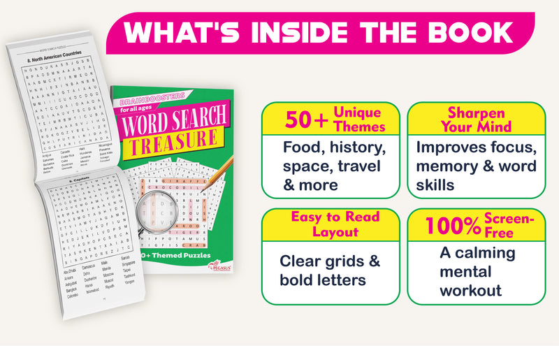 Word Search Treasure – Brain Boosters Puzzle Book for Ages 12+ | 50+ Themed Word Search Puzzles | Large Print Activity Book with 1,400+ Words to Find