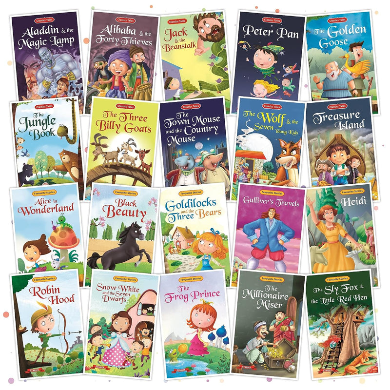 Set of 20 Classic Tales & Favourite Story Books | English Short Stories Books for 3+ | Robin Hood, Snow White, Alice in Wonderland, Aladdin, Alibaba, Jungle Book & Others