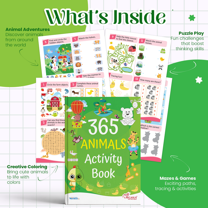 365 Animals Activity Book for Kids – Mazes, Puzzles, and Memory Learning Books (Age 3+ Years)