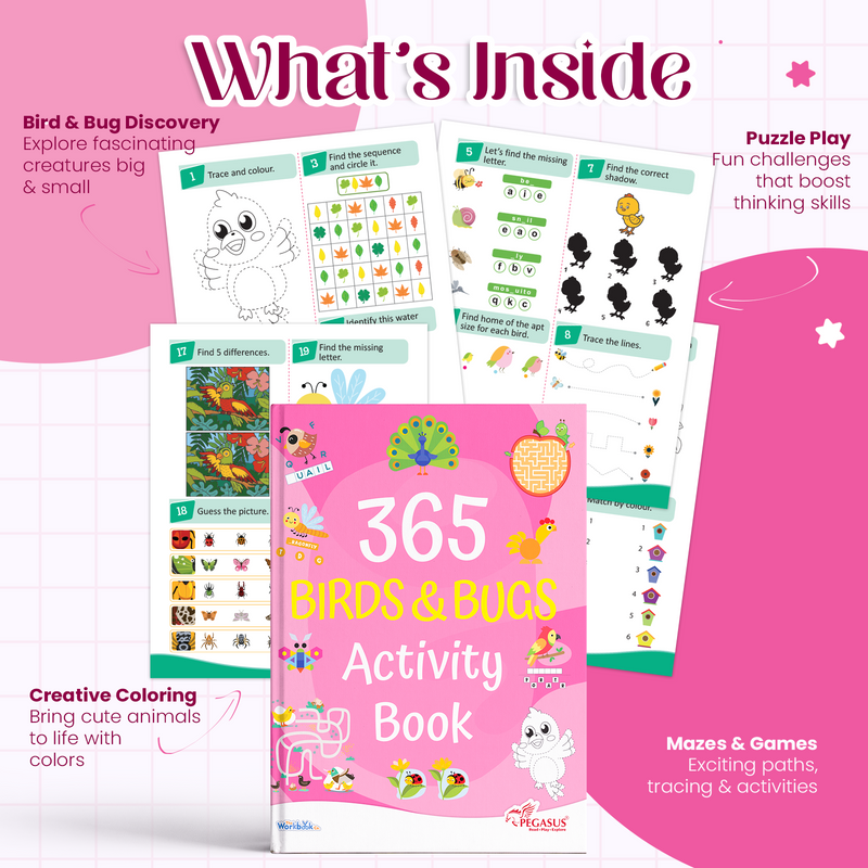 365 Birds & Bugs Activity Book for Kids – Mazes, Puzzles, and Memory Learning Books (Age 3+ Years)
