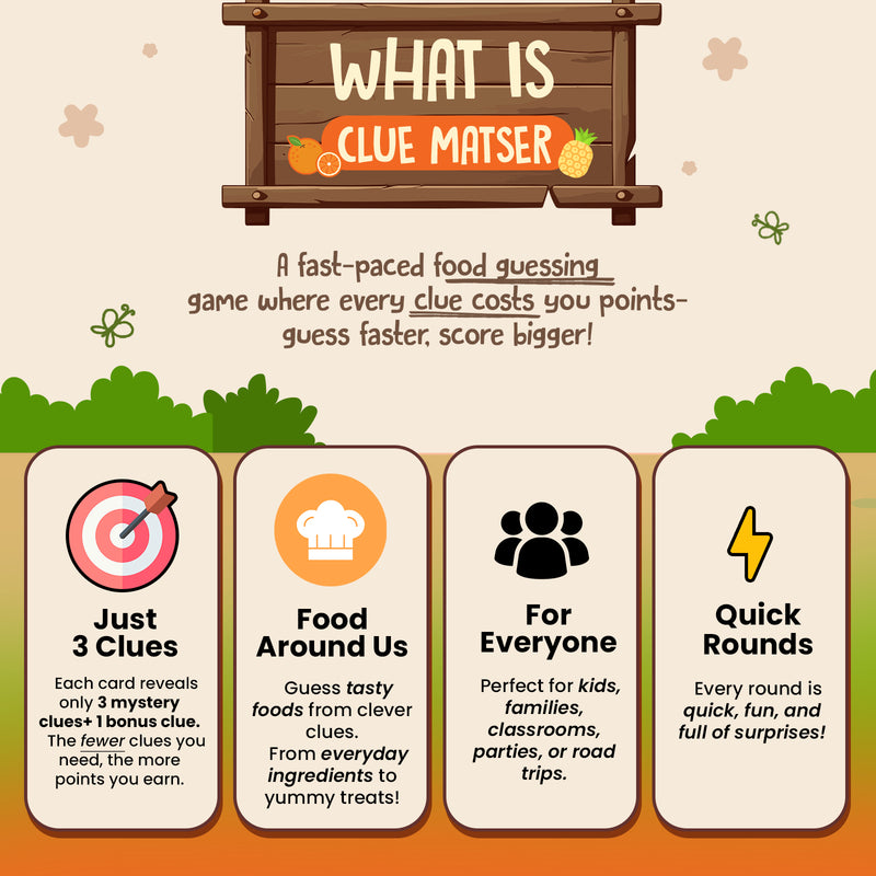 Clue Master Foods Around Us Card Game for Kids | Fun Food Guessing Game with Clues & Brain Boosting Activities (Age 8+ Years, 2–6 Players)