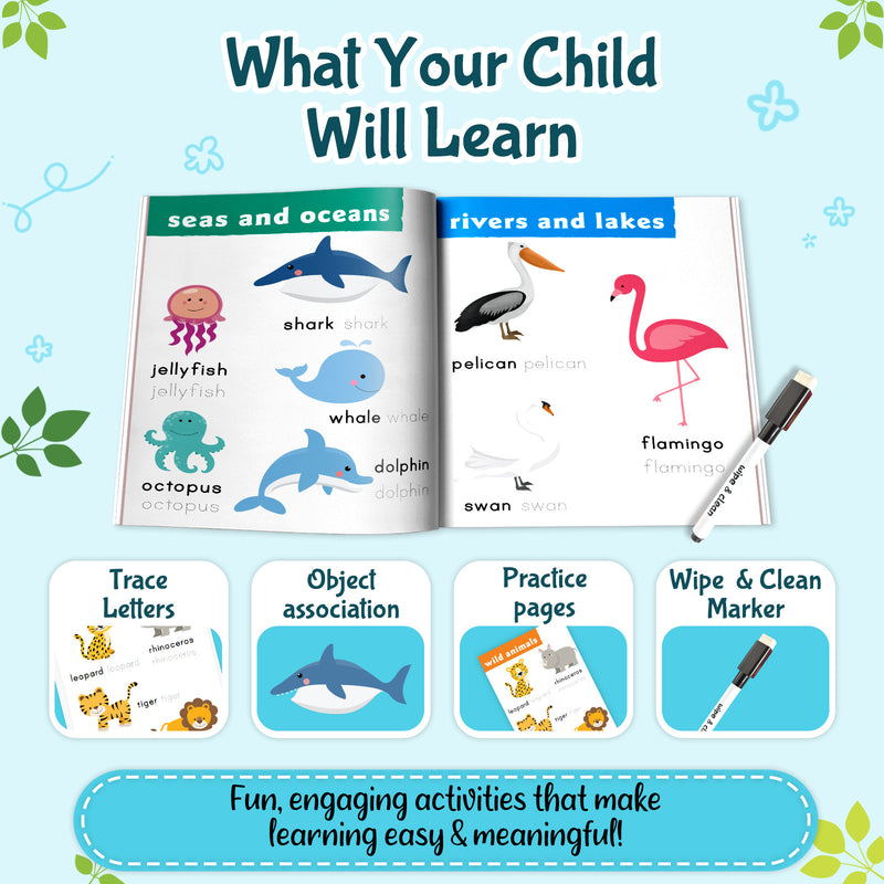 Wipe & Clean – Animals | Reusable Workbook with Marker
