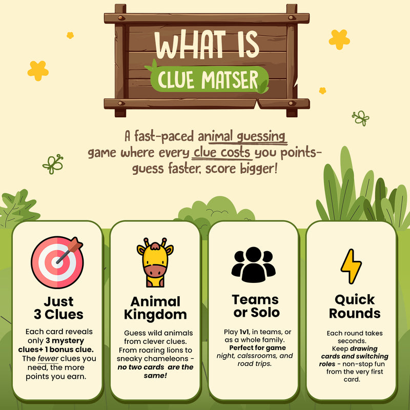 Clue Master – Animals Around Us | Fun Family Card Game for Kids 8+ | Guessing Game with 3 Clues & Bonus | 2–6 Players | Educational & Interactive Game