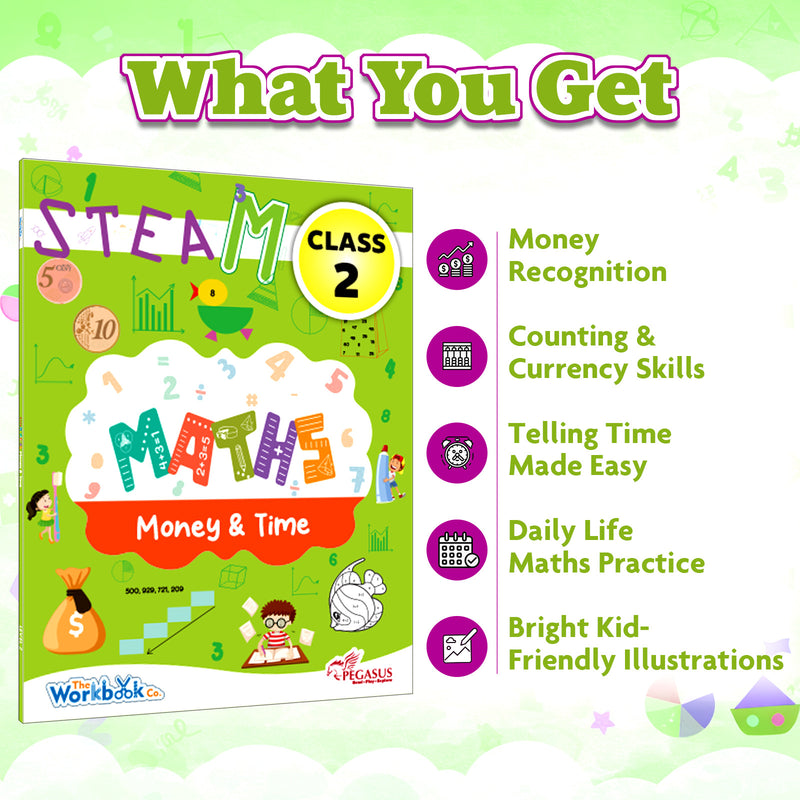 STEAM Maths Money & Time Workbook for Class 2 | Activity Book with Counting, Currency Skills and Telling Time Practice (Age 6–8 Years)