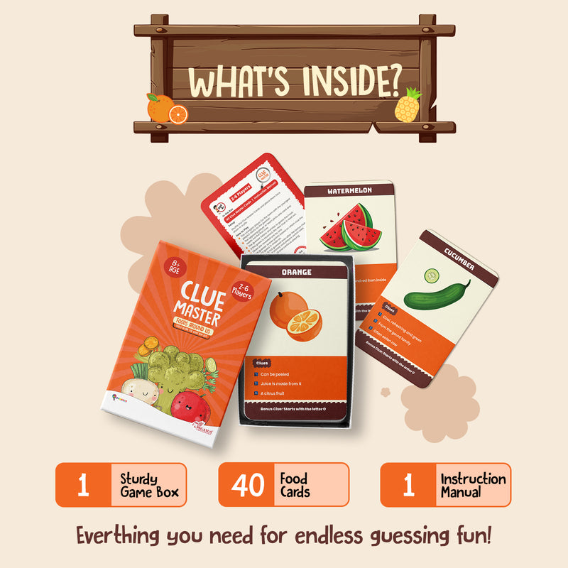 Clue Master Foods Around Us Card Game for Kids | Fun Food Guessing Game with Clues & Brain Boosting Activities (Age 8+ Years, 2–6 Players)