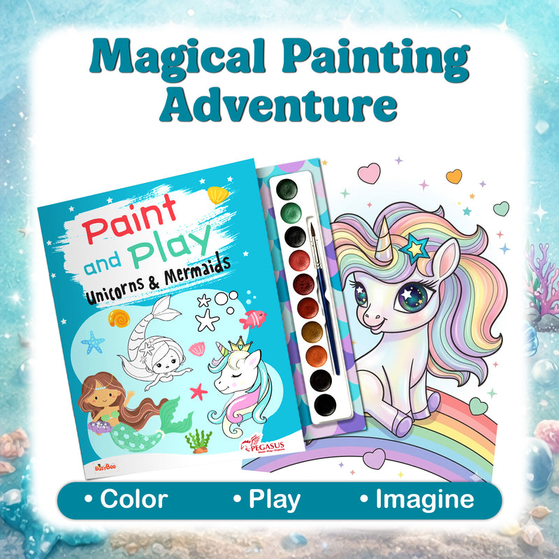 Unicorn and Mermaid Colouring Book for Kids – Paint and Play Watercolour Painting Set (Age 3+ Years)