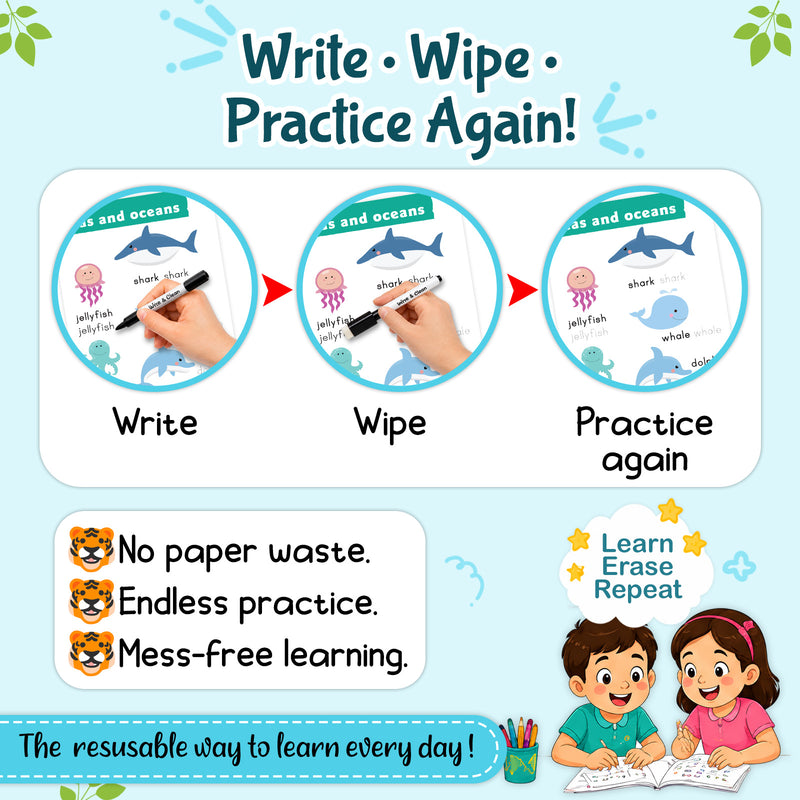 Wipe & Clean – Animals | Reusable Workbook with Marker