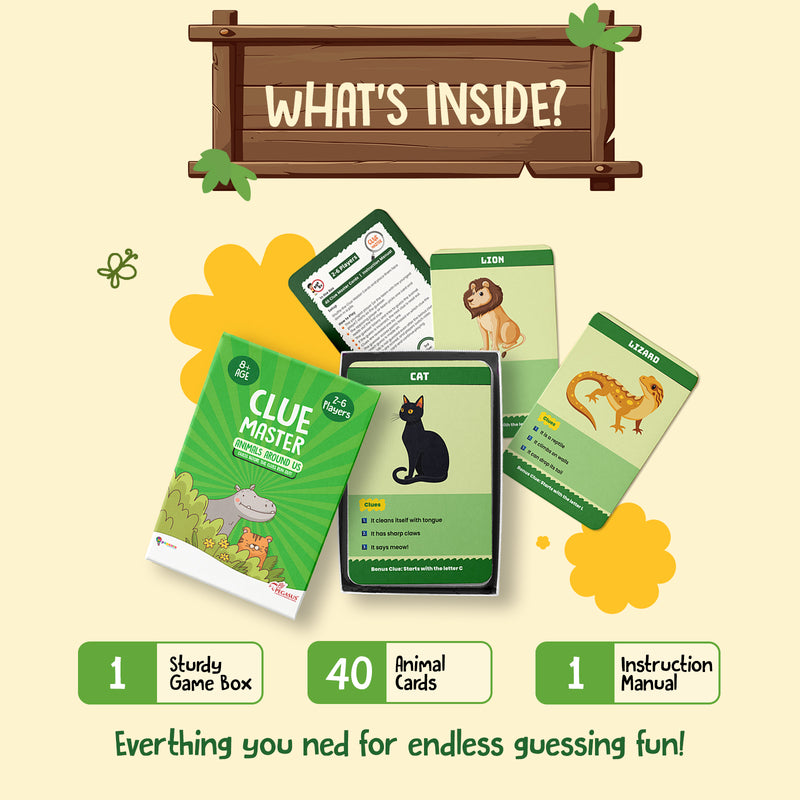 Clue Master – Animals Around Us | Fun Family Card Game for Kids 8+ | Guessing Game with 3 Clues & Bonus | 2–6 Players | Educational & Interactive Game