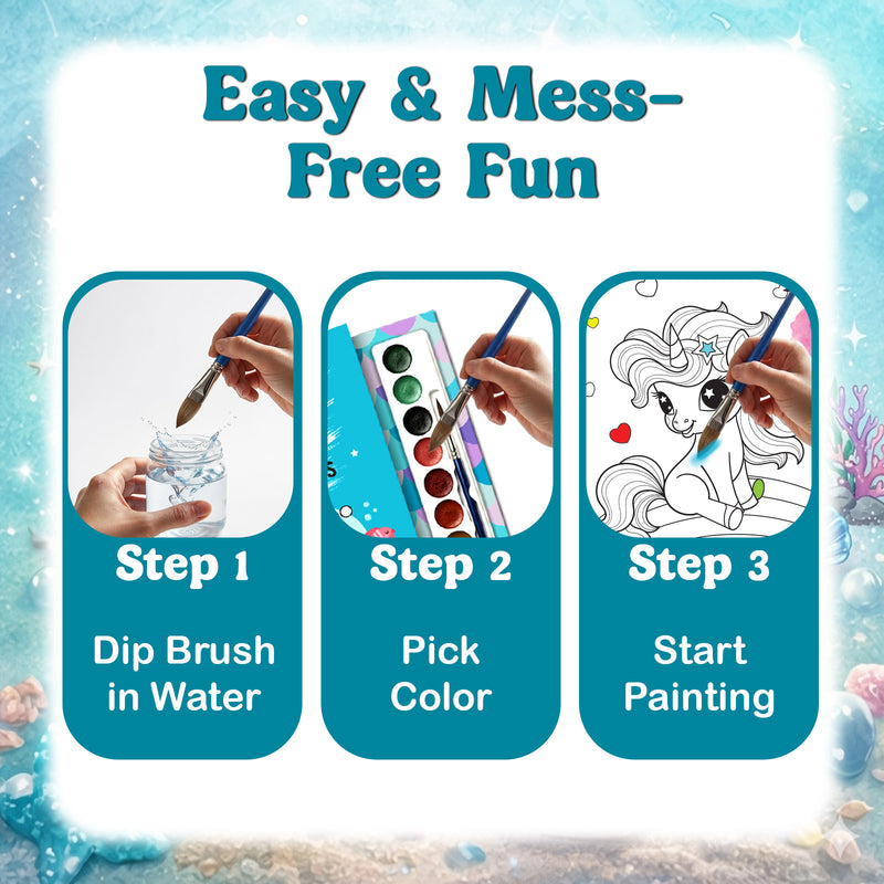 Unicorn and Mermaid Colouring Book for Kids – Paint and Play Watercolour Painting Set (Age 3+ Years)