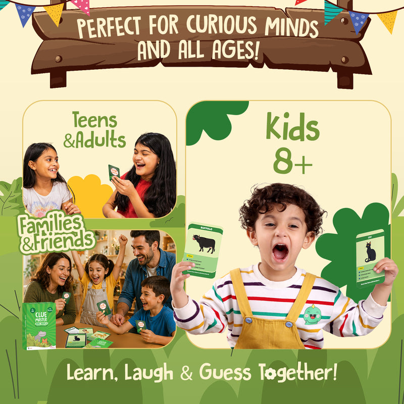 Clue Master – Animals Around Us | Fun Family Card Game for Kids 8+ | Guessing Game with 3 Clues & Bonus | 2–6 Players | Educational & Interactive Game
