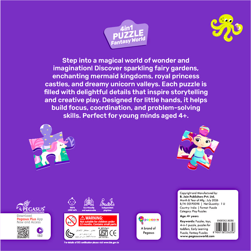4 in 1 Fantasy World Jigsaw Puzzle for Kids Princess, Unicorn, Fairy and Mermaid Theme Brain Development Toy (Age 3+ Years)