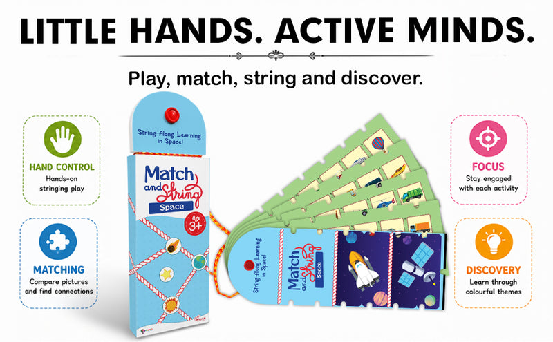 Match and String Space for Kids (Age 3+ Years) String-Along Learning Activity Fine Motor Skills and Matching Game