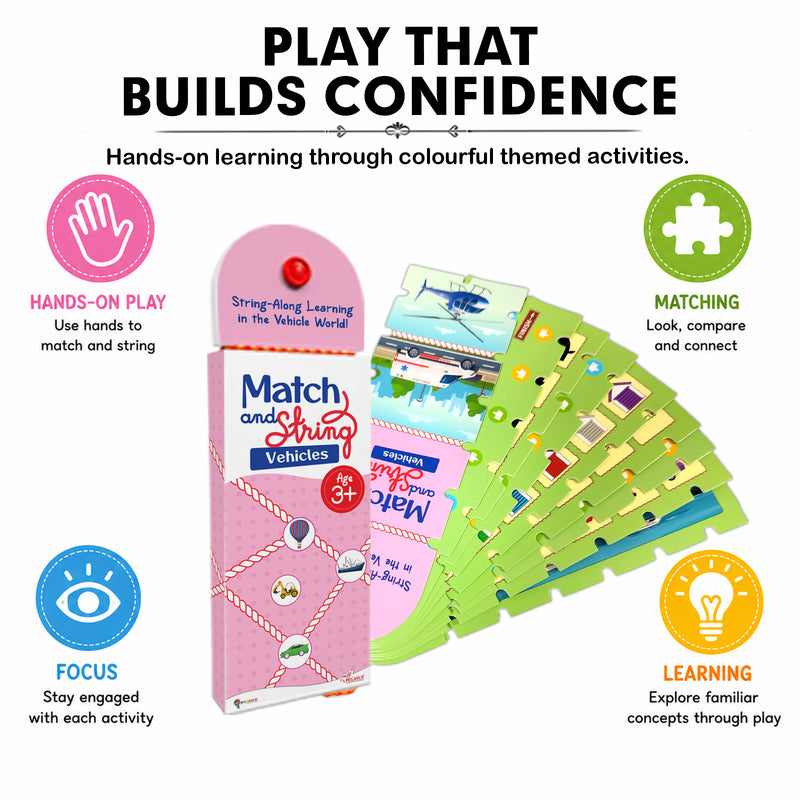 Match and String Vehicles for Kids (Age 3+ Years) String-Along Learning Activity Fine Motor Skills and Matching Game